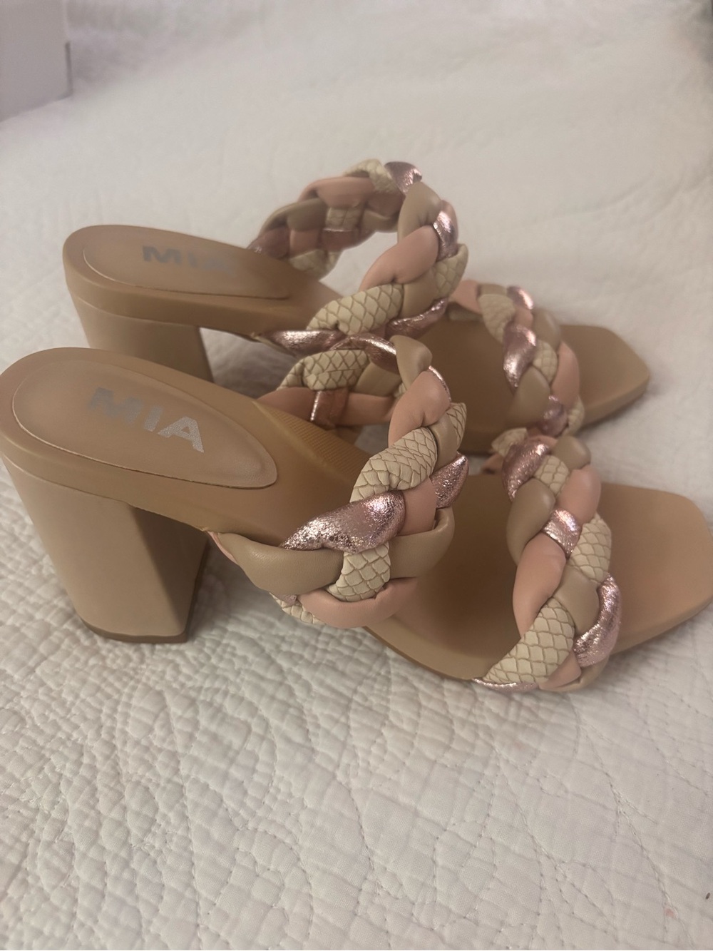 MIA Pink Rose Gold Braided Block Heel Sandal